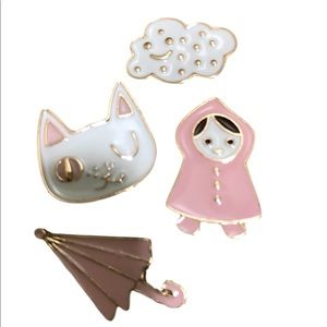 4 Enamel Pins April Showers Pink Raincoat Cat
